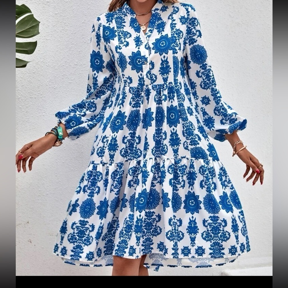 NWT Women Floral print Lantern sleeve Ruffle Hem Dress, Blue,White,Flowy